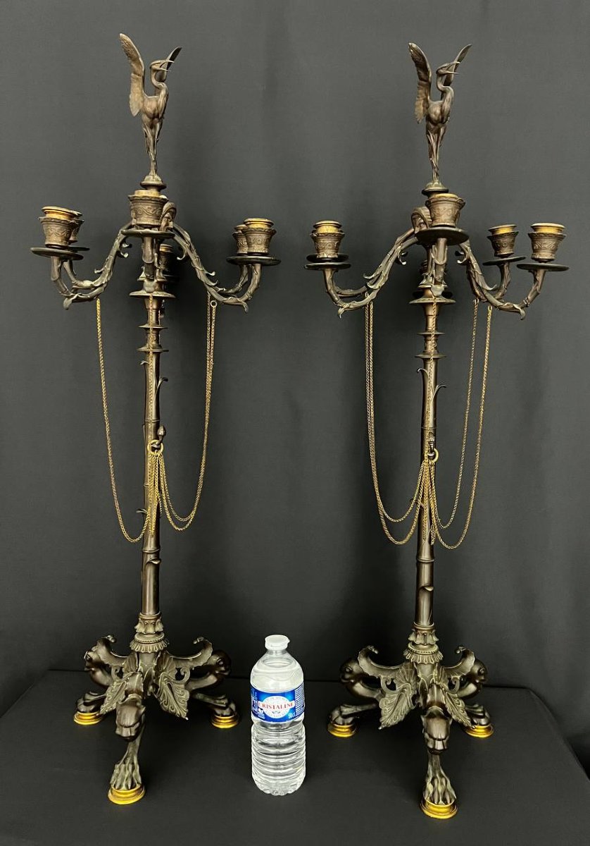 An Exceptional Pair Of Large Candelabra In Patinated And Gilded Bronze, From The Napoleon III Period-photo-2