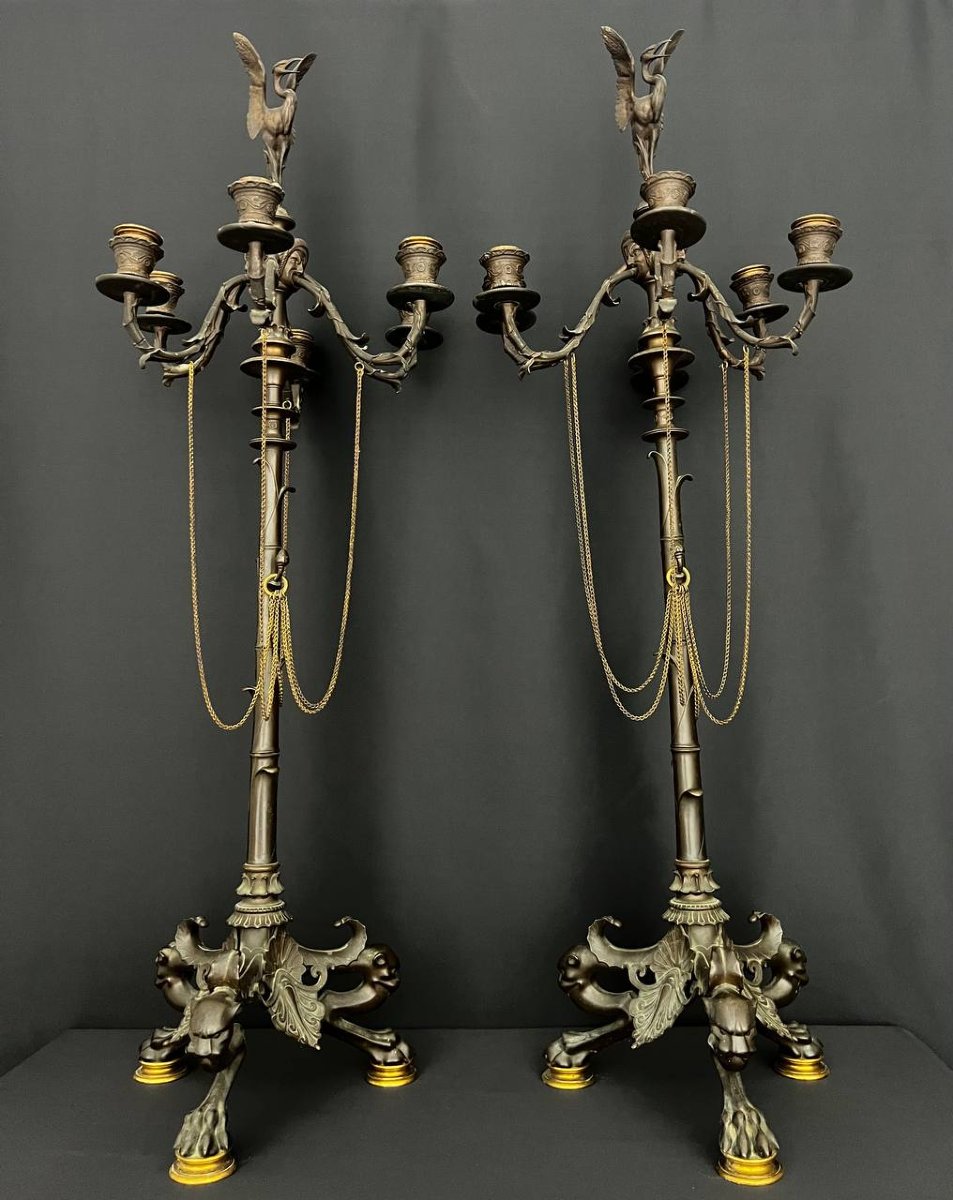 An Exceptional Pair Of Large Candelabra In Patinated And Gilded Bronze, From The Napoleon III Period-photo-3