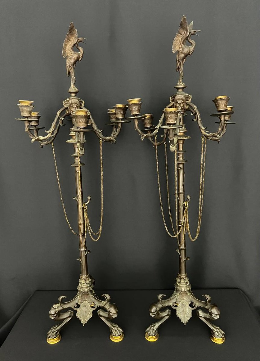 An Exceptional Pair Of Large Candelabra In Patinated And Gilded Bronze, From The Napoleon III Period-photo-1