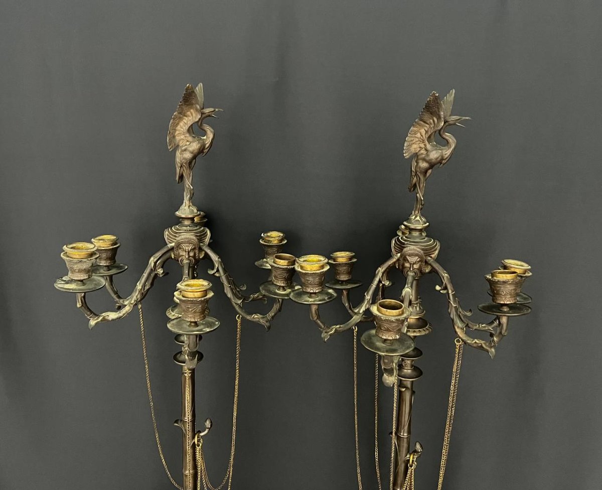 An Exceptional Pair Of Large Candelabra In Patinated And Gilded Bronze, From The Napoleon III Period-photo-2