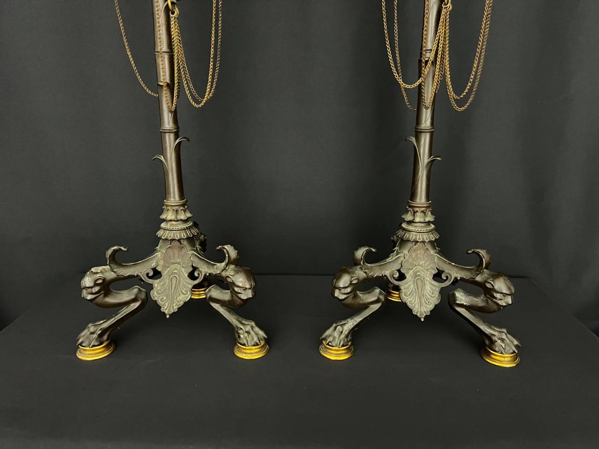 An Exceptional Pair Of Large Candelabra In Patinated And Gilded Bronze, From The Napoleon III Period-photo-3