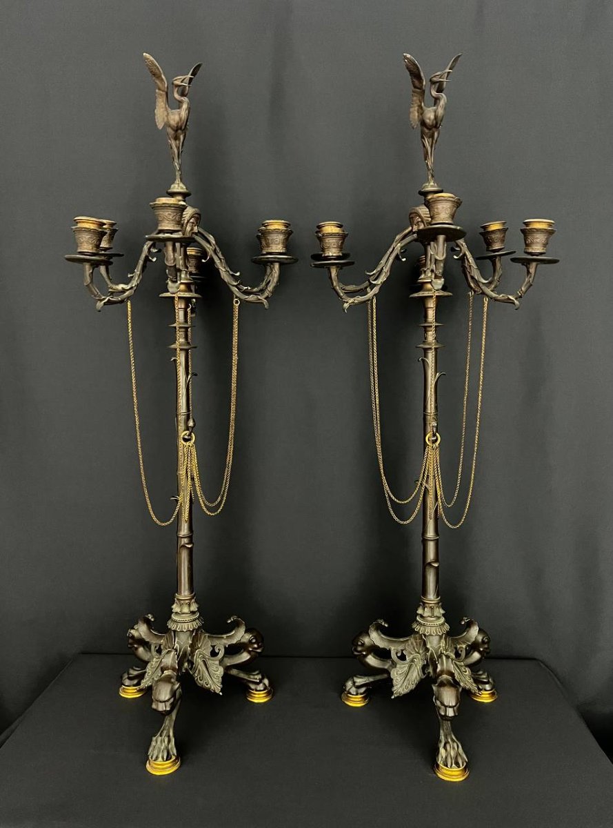 An Exceptional Pair Of Large Candelabra In Patinated And Gilded Bronze, From The Napoleon III Period