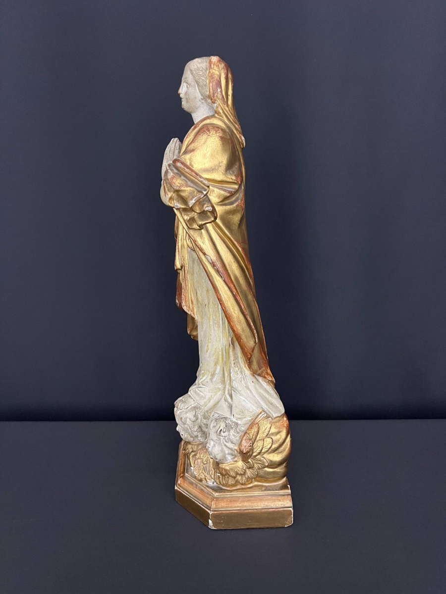 Carved, Polychrome, And Gilded Wooden Statue Of The Virgin Mary In Prayer-photo-2
