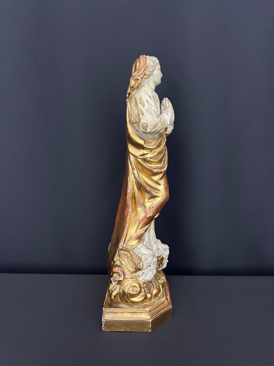 Carved, Polychrome, And Gilded Wooden Statue Of The Virgin Mary In Prayer-photo-5