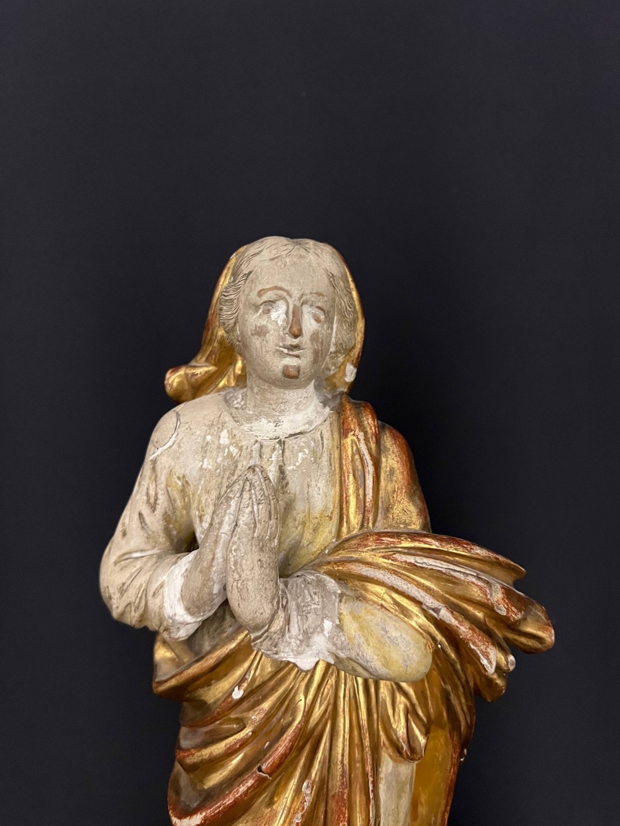 Carved, Polychrome, And Gilded Wooden Statue Of The Virgin Mary In Prayer-photo-6
