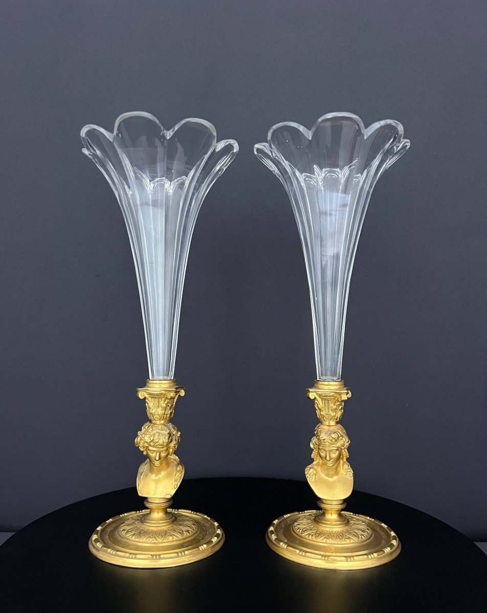 Paire de vases cornets en cristal taillé et bronze doré-photo-2