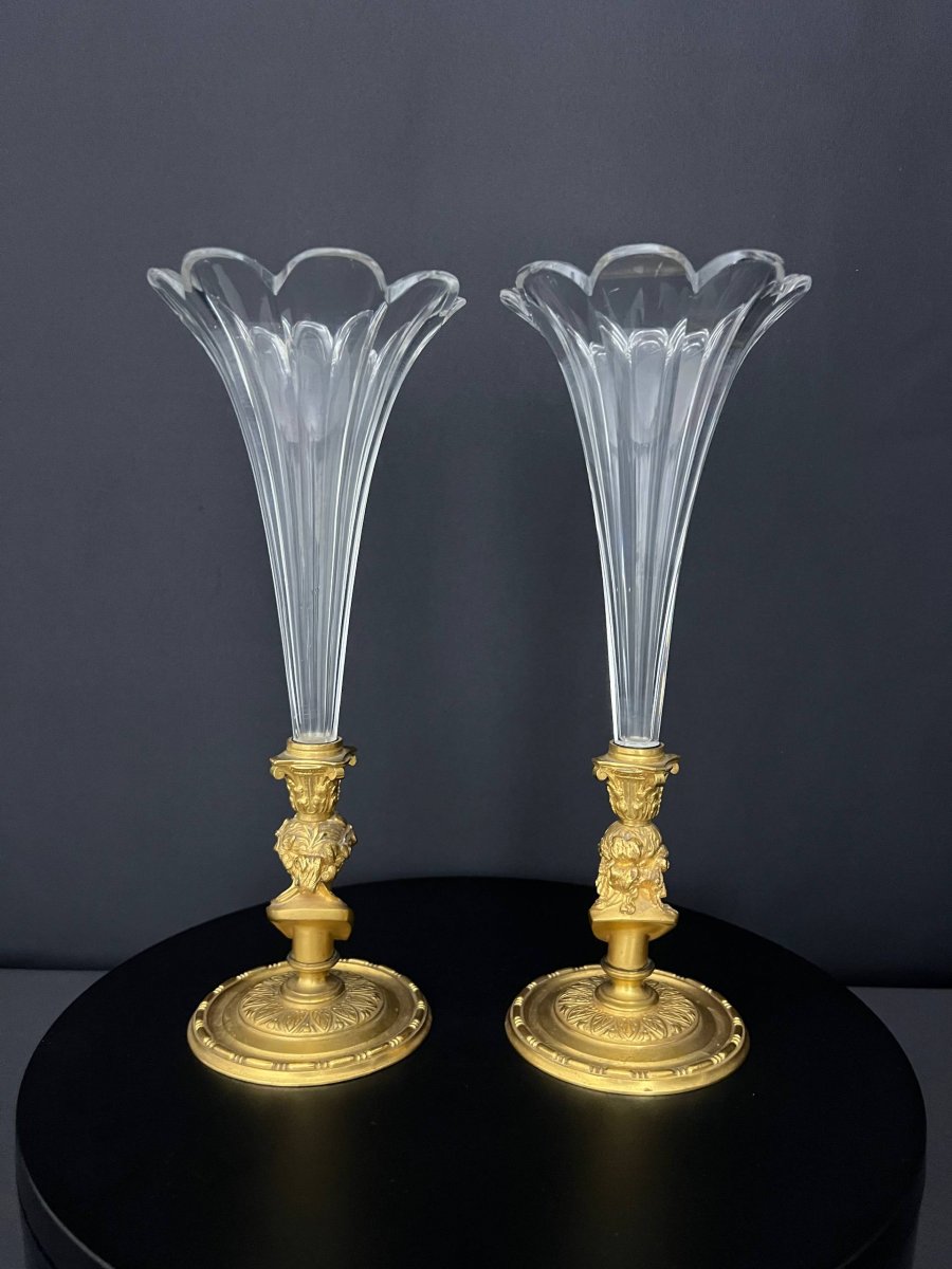 Paire de vases cornets en cristal taillé et bronze doré-photo-3