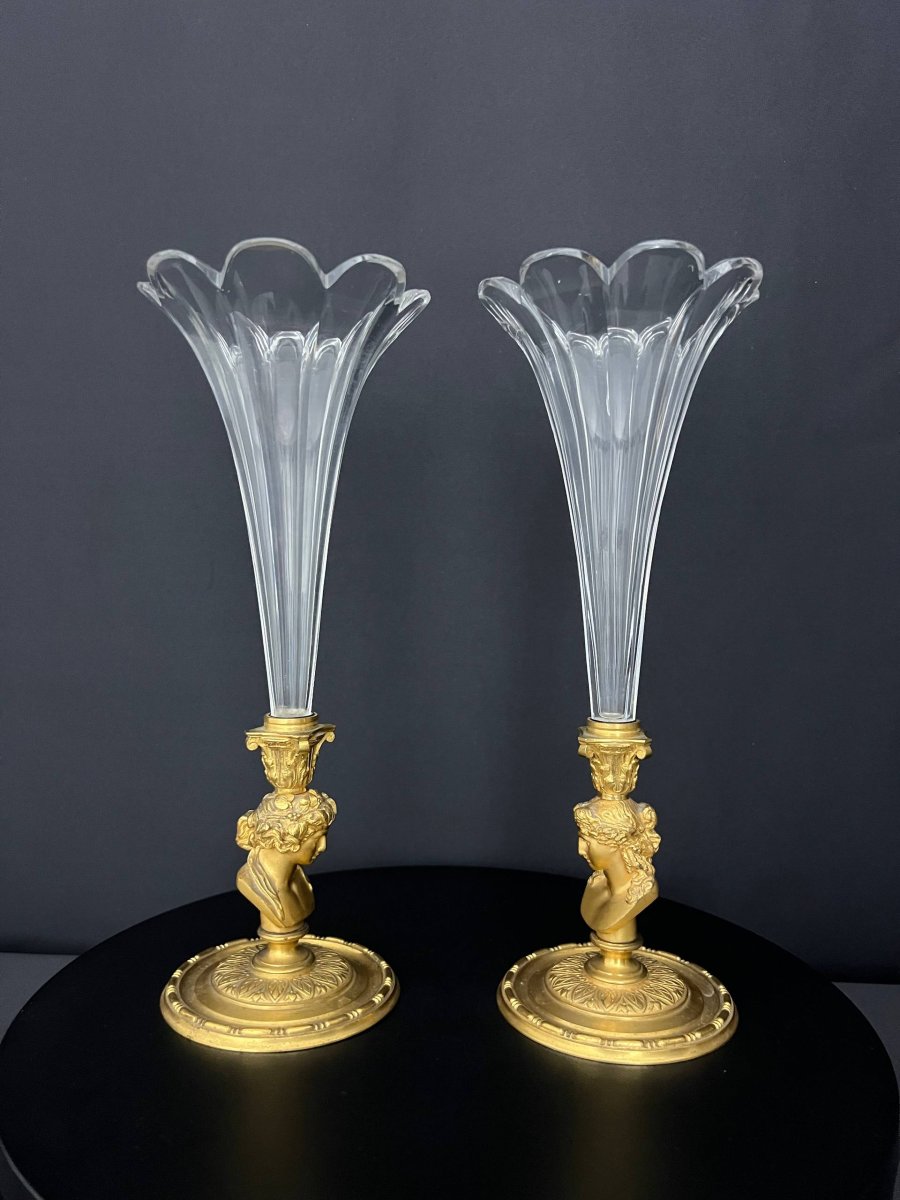 Paire de vases cornets en cristal taillé et bronze doré-photo-4