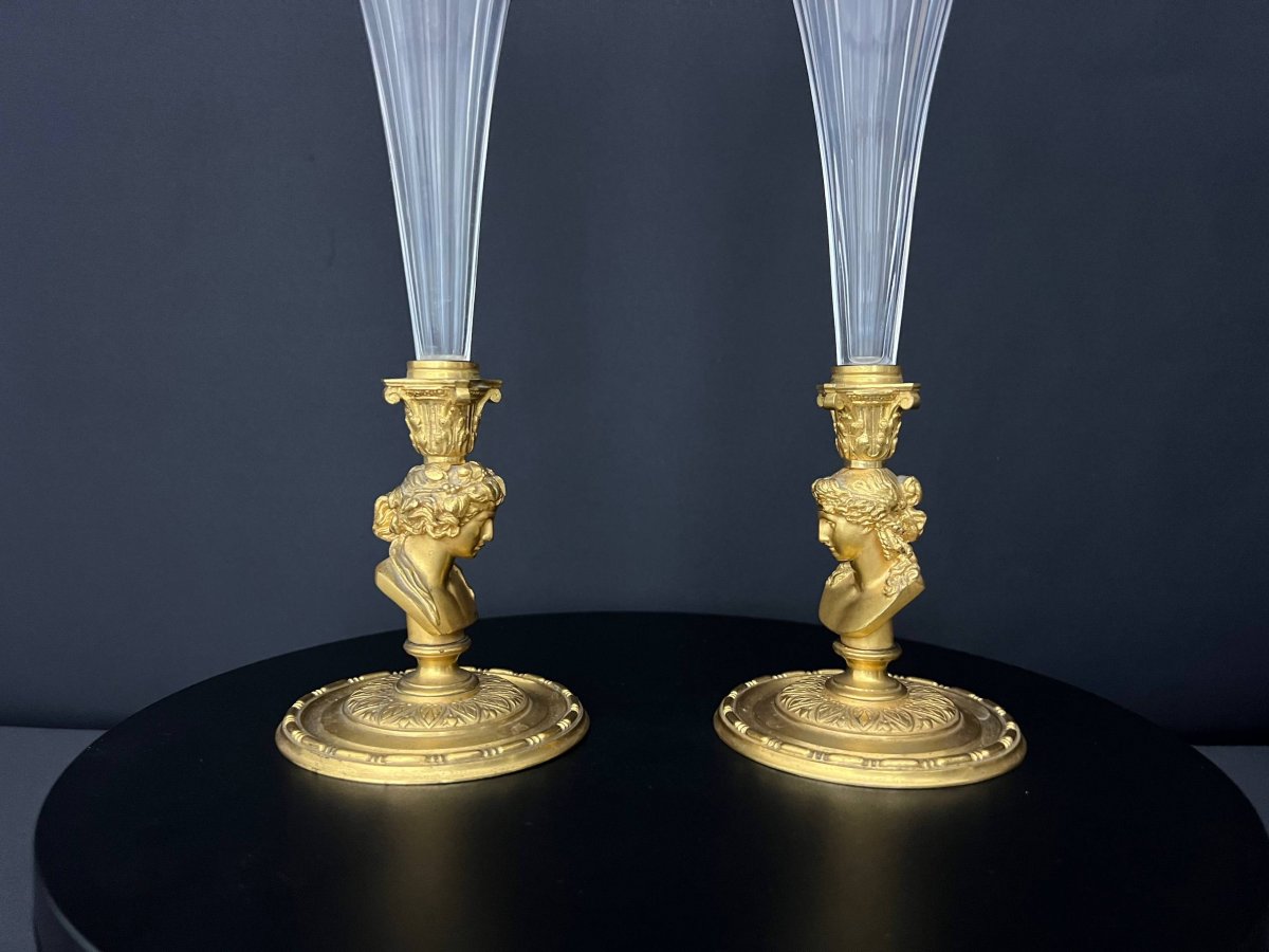 Paire de vases cornets en cristal taillé et bronze doré-photo-2