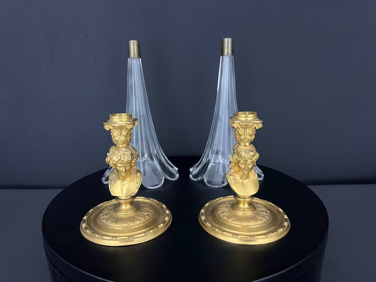 Paire de vases cornets en cristal taillé et bronze doré-photo-4