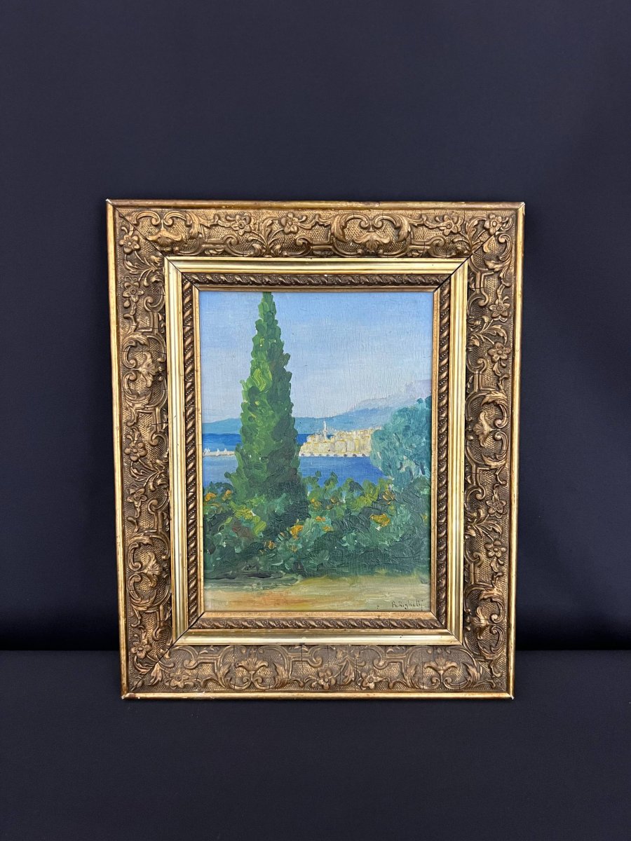 Tableau ancien signé R. Righetti – Paysage de la Côte d’Azur 