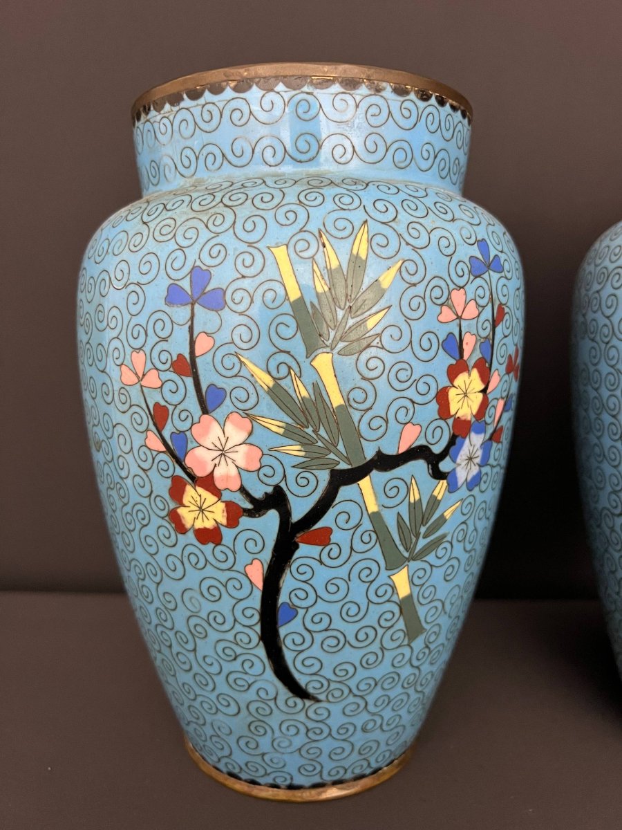 Pair Of Asian Cloisonné Enamel Vases With Floral Designs-photo-2
