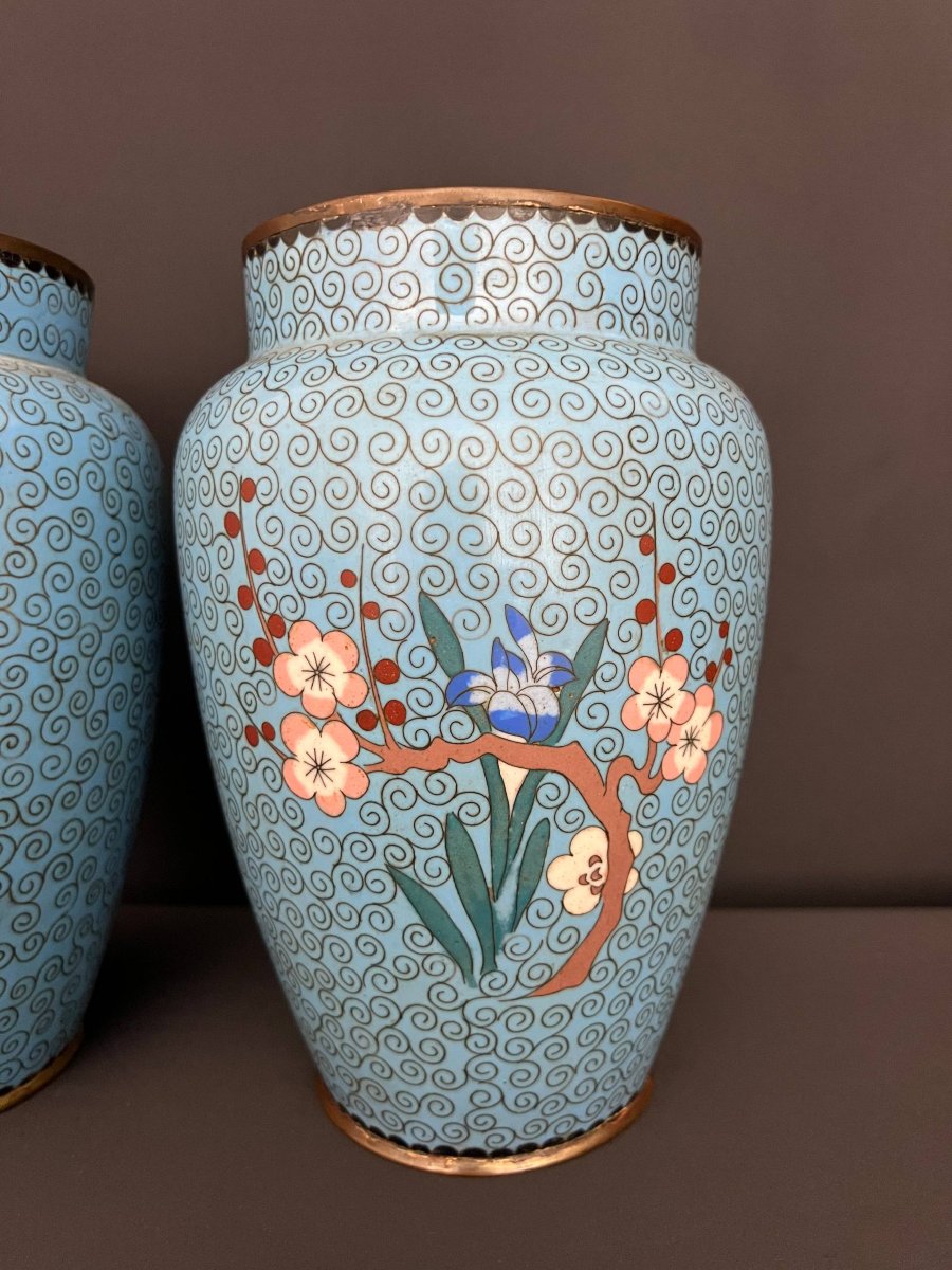 Pair Of Asian Cloisonné Enamel Vases With Floral Designs-photo-3