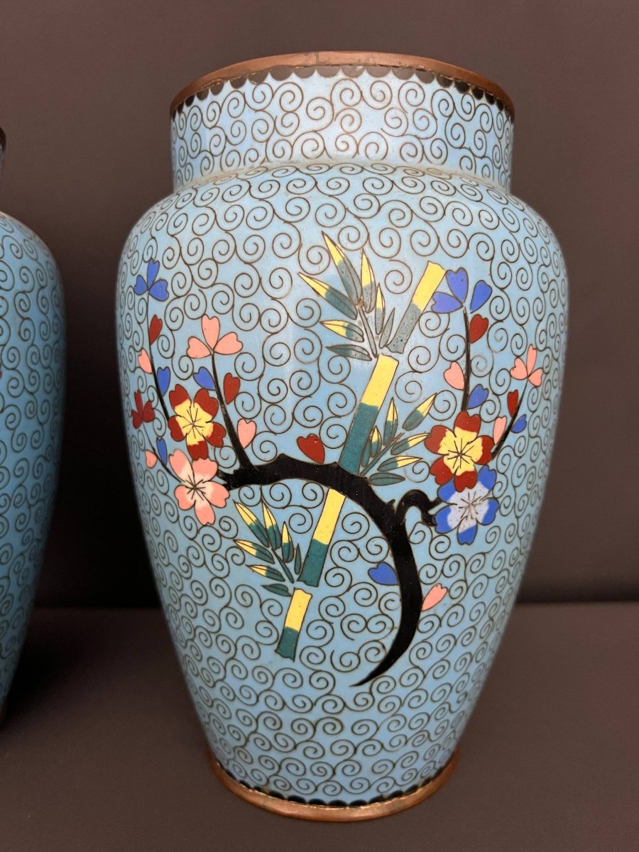 Pair Of Asian Cloisonné Enamel Vases With Floral Designs-photo-1