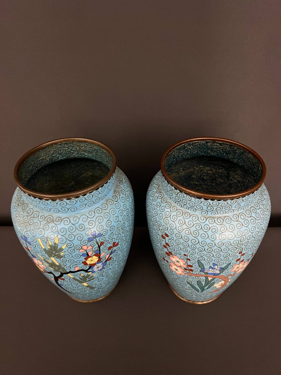 Pair Of Asian Cloisonné Enamel Vases With Floral Designs-photo-3
