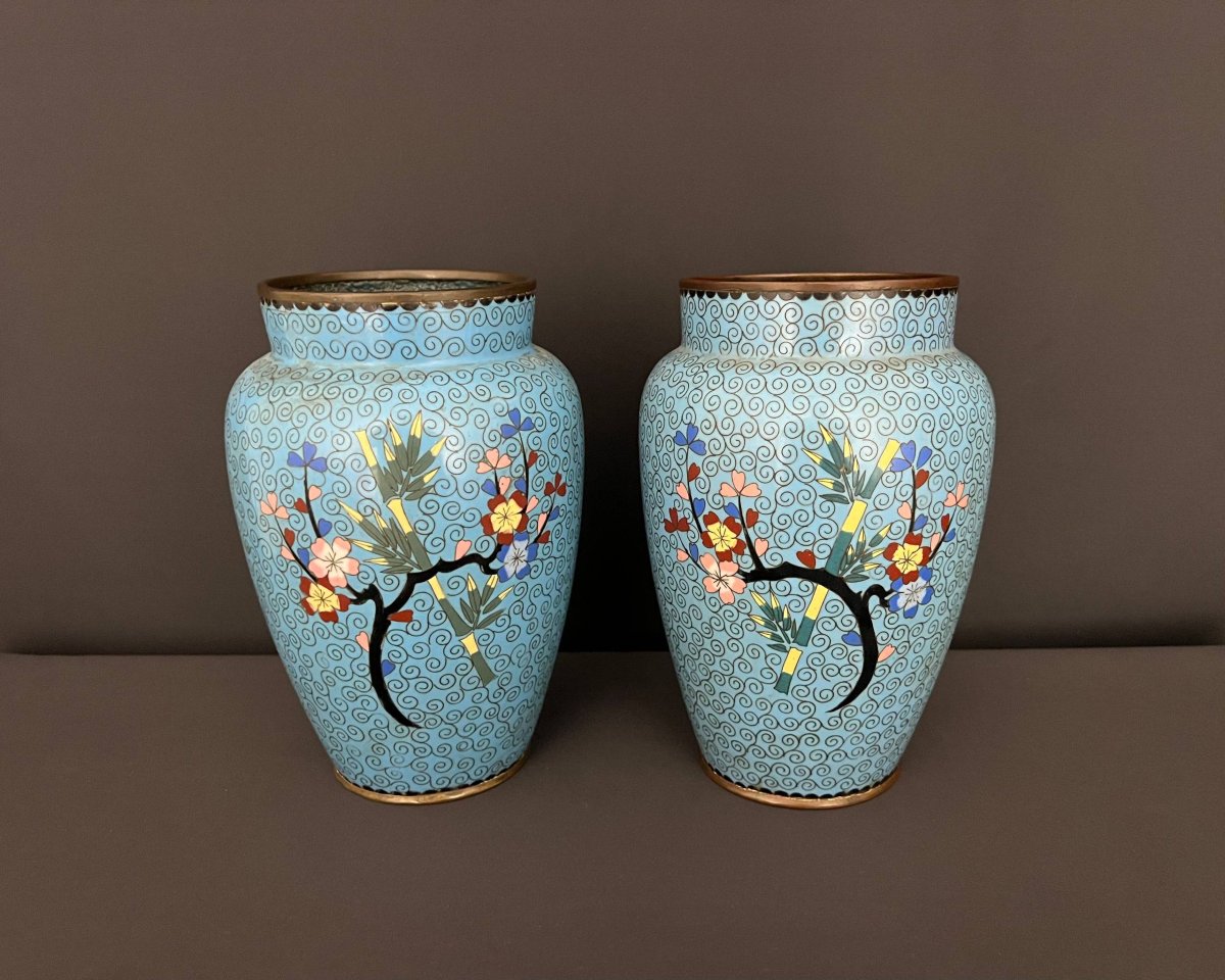 Pair Of Asian Cloisonné Enamel Vases With Floral Designs