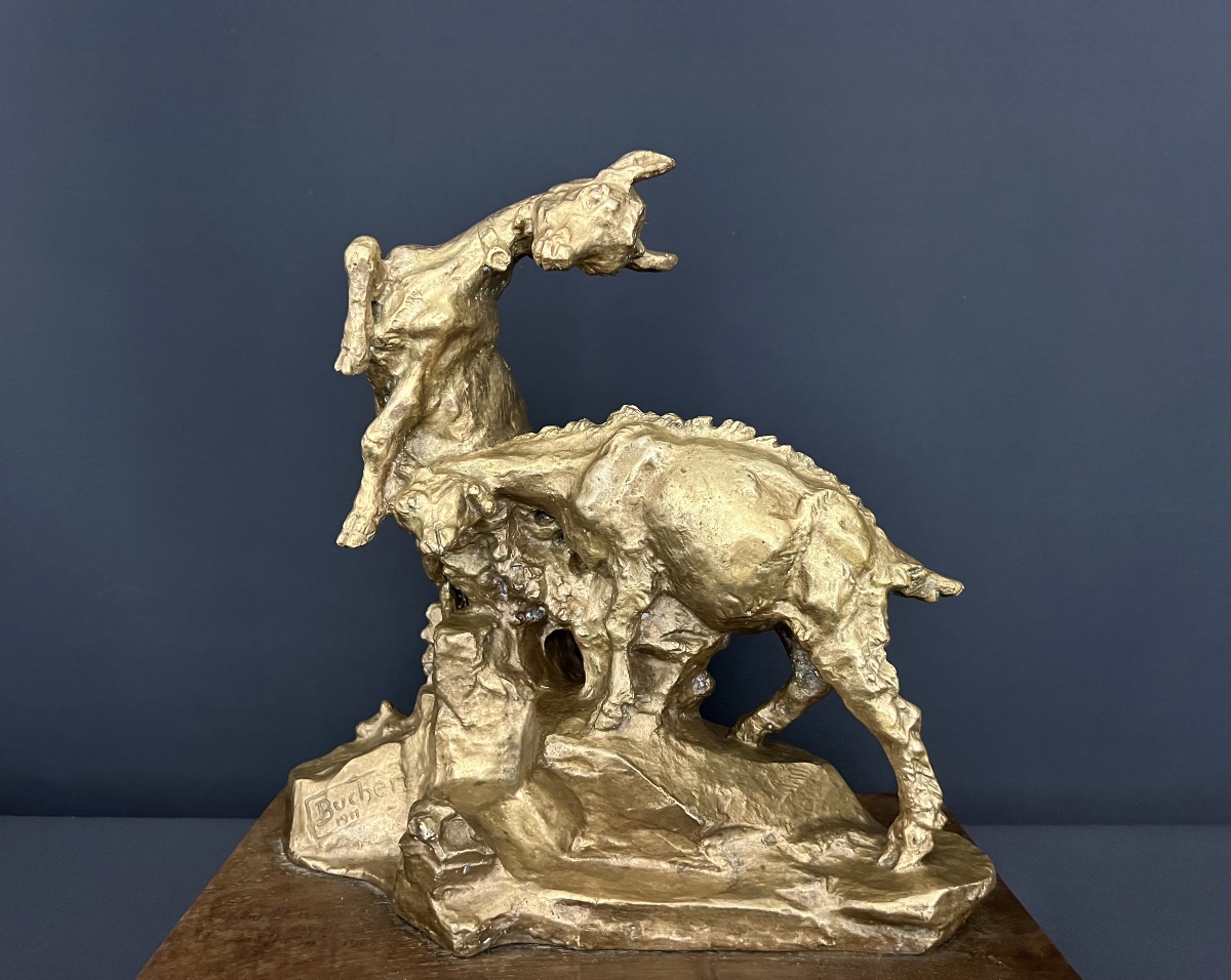 Edwin Bucher (1879–1968). “two Goats Squabbling,” Bronze Group With A Gold Patina-photo-2