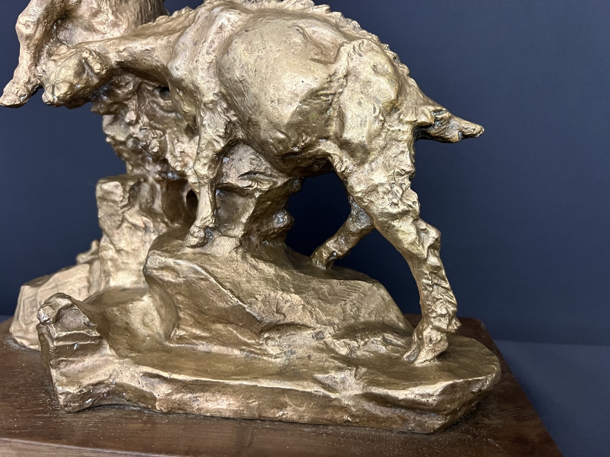 Edwin Bucher (1879–1968). “two Goats Squabbling,” Bronze Group With A Gold Patina-photo-2