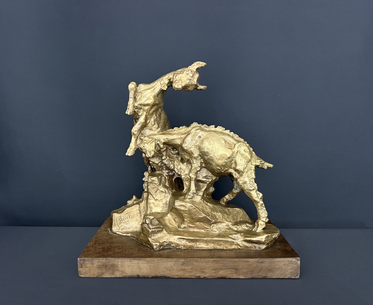 Edwin Bucher (1879–1968). “two Goats Squabbling,” Bronze Group With A Gold Patina