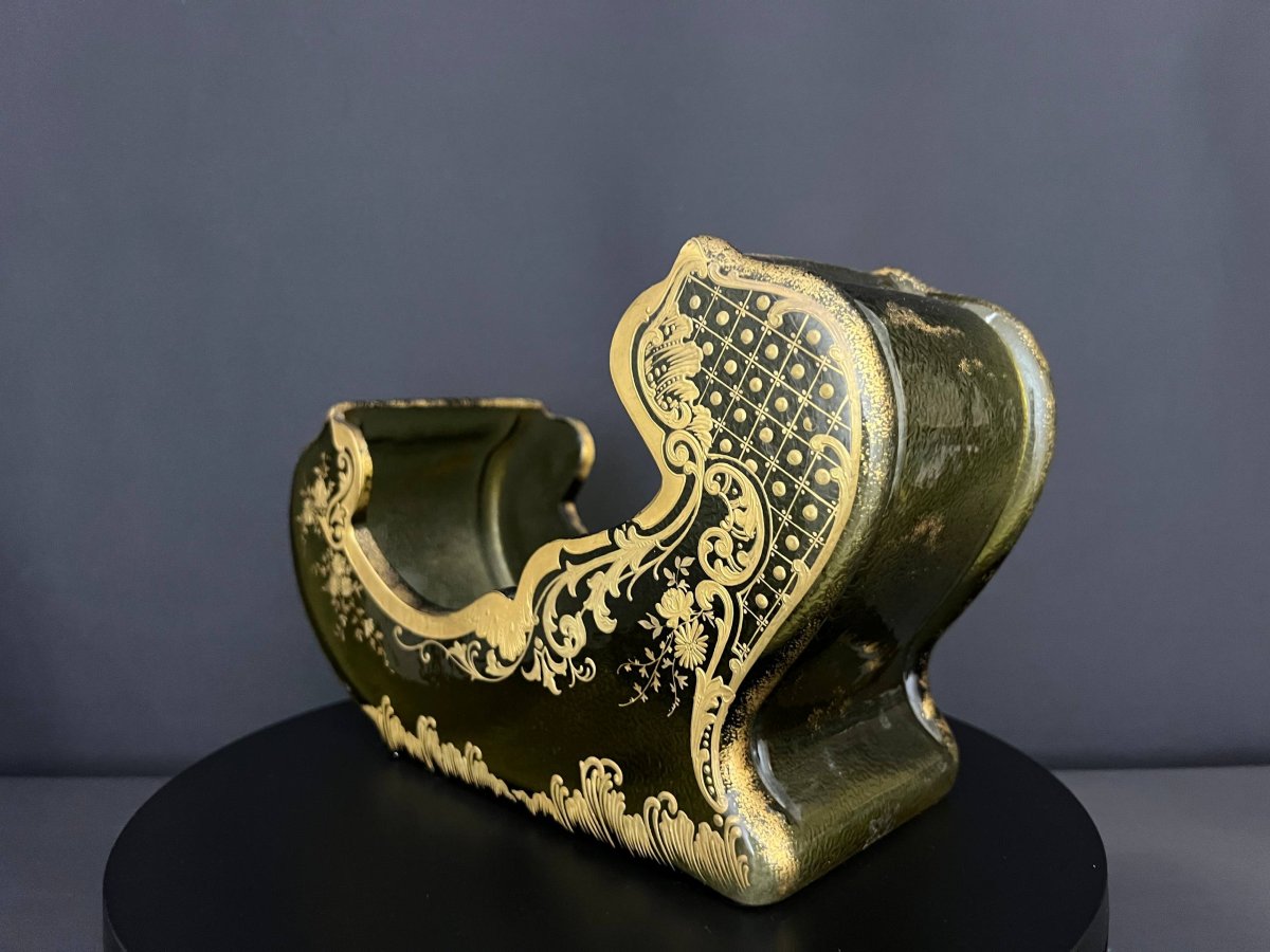 Jardinière en verre vert givré à décor doré en relief, en forme de gondole, vers 1900-photo-4