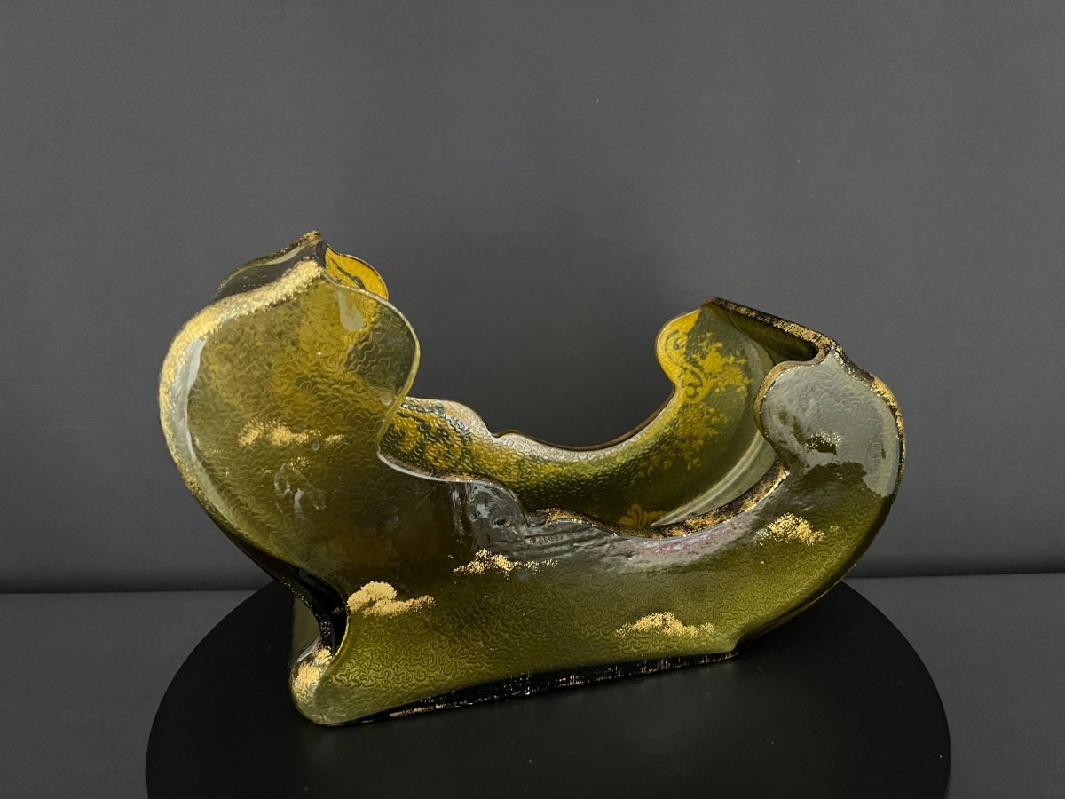 Jardinière en verre vert givré à décor doré en relief, en forme de gondole, vers 1900-photo-1