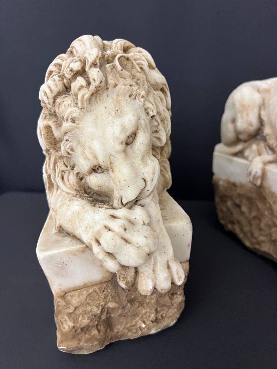 Paire de lions couchés en marbre – D’après Antonio Canova-photo-4
