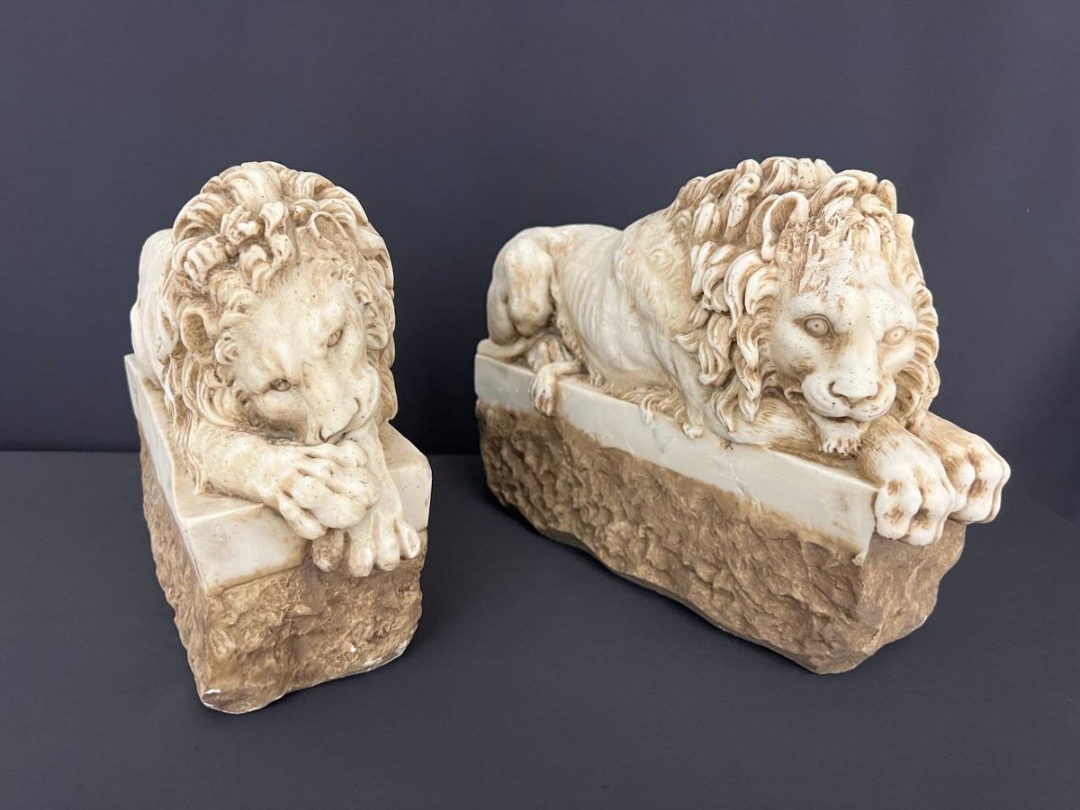 Paire de lions couchés en marbre – D’après Antonio Canova-photo-2