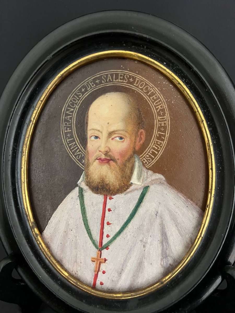 Saint François de Sales – Portrait à l’huile sur métal, XIXe siècle-photo-2