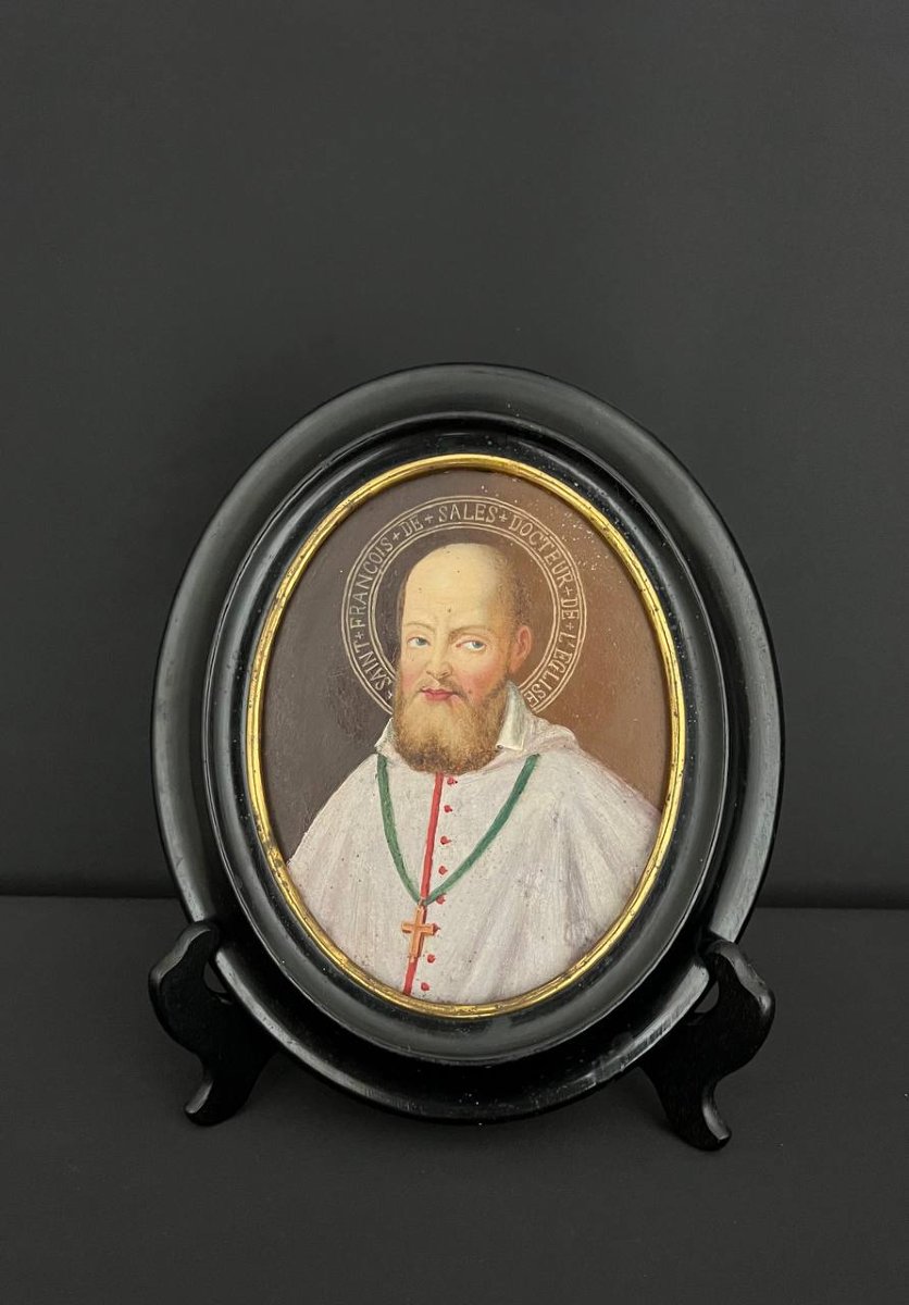 Saint François de Sales – Portrait à l’huile sur métal, XIXe siècle-photo-3