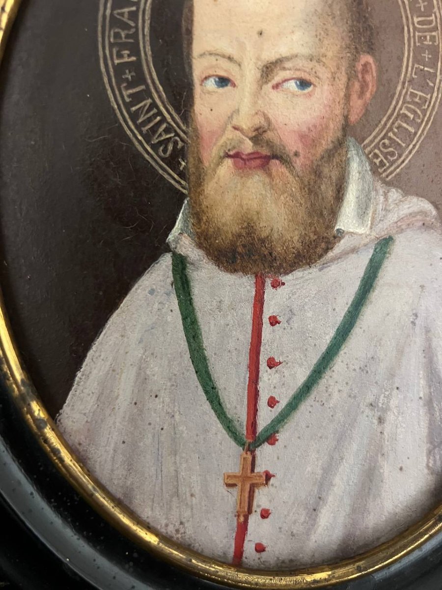 Saint François de Sales – Portrait à l’huile sur métal, XIXe siècle-photo-4