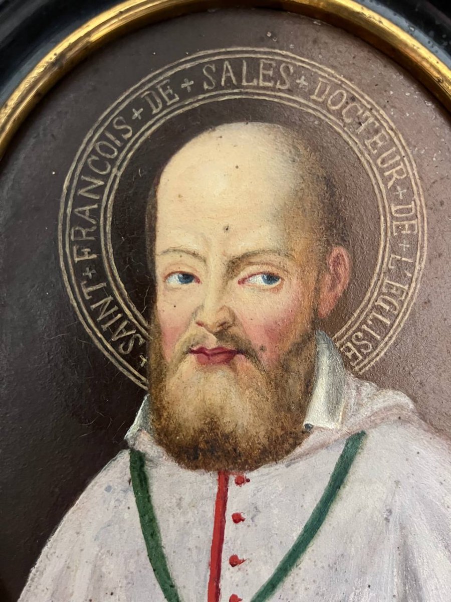 Saint François de Sales – Portrait à l’huile sur métal, XIXe siècle-photo-1
