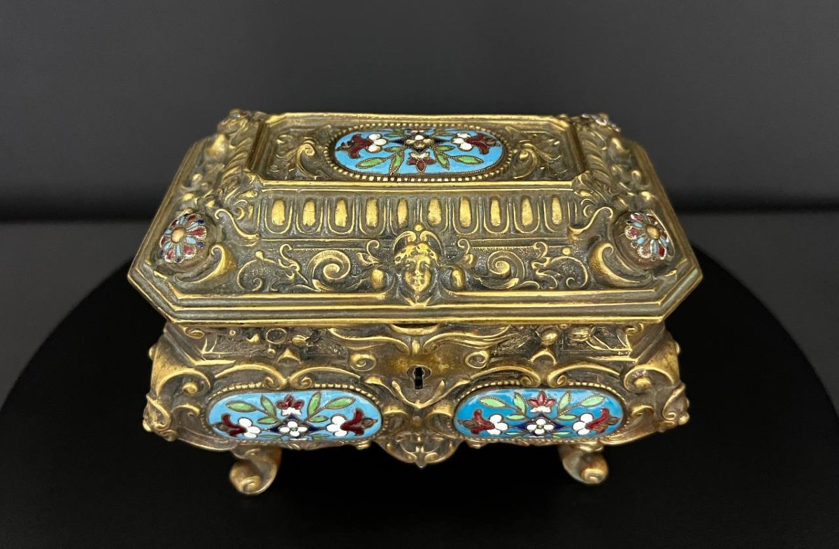 Coffret à bijoux ancien en bronze et émaux cloisonnés – Style Napoléon III-photo-4