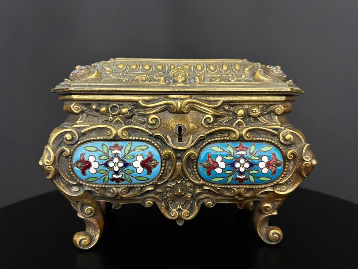Coffret à bijoux ancien en bronze et émaux cloisonnés – Style Napoléon III