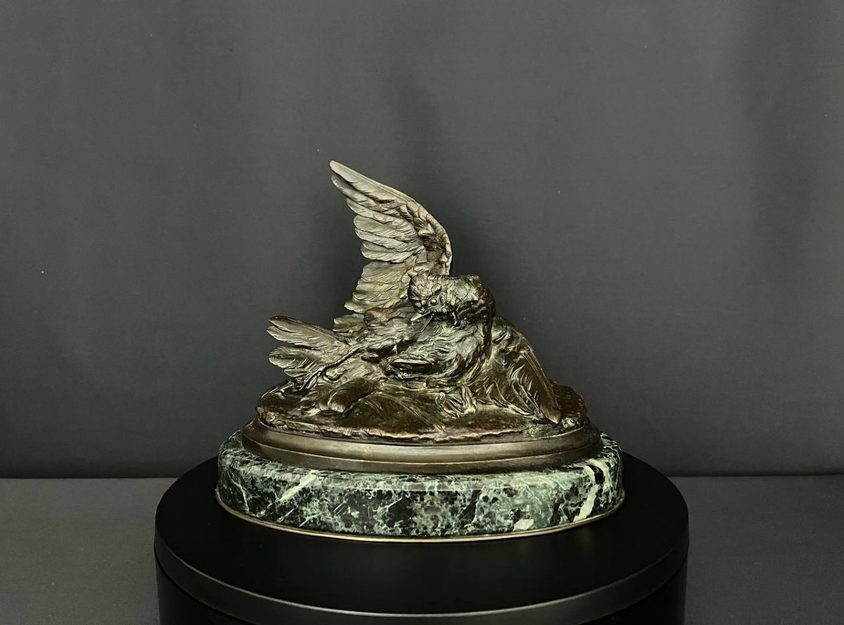 Paul Comoléra (1818–1897) – “wounded Partridge” – Patinated Bronze On A Green Marble Base-photo-3