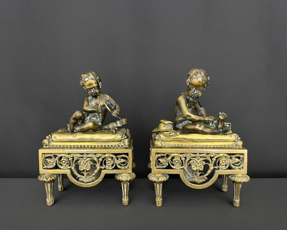 Pair Of Antique Bronze Andirons – Bouhon Frères, Paris, 19th Century-photo-2