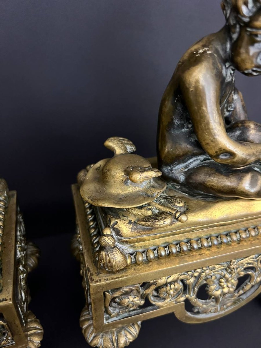 Pair Of Antique Bronze Andirons – Bouhon Frères, Paris, 19th Century-photo-4