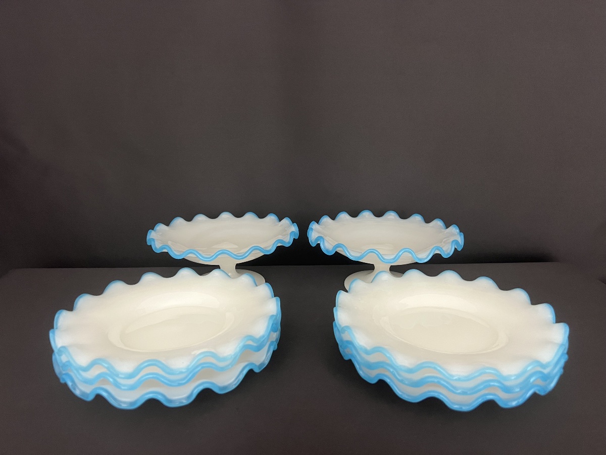 White Opaline Glass Dessert Set With Blue Rims – 6 Plates And 2 Bowls -photo-1