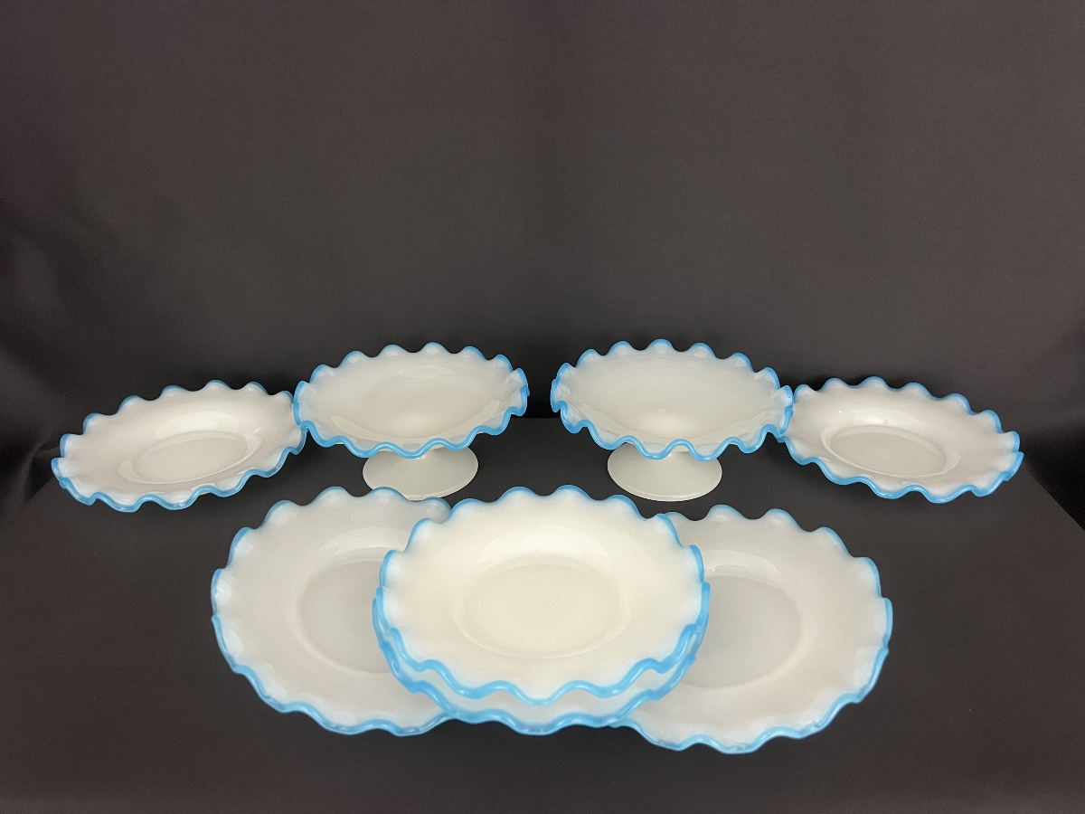 White Opaline Glass Dessert Set With Blue Rims – 6 Plates And 2 Bowls 