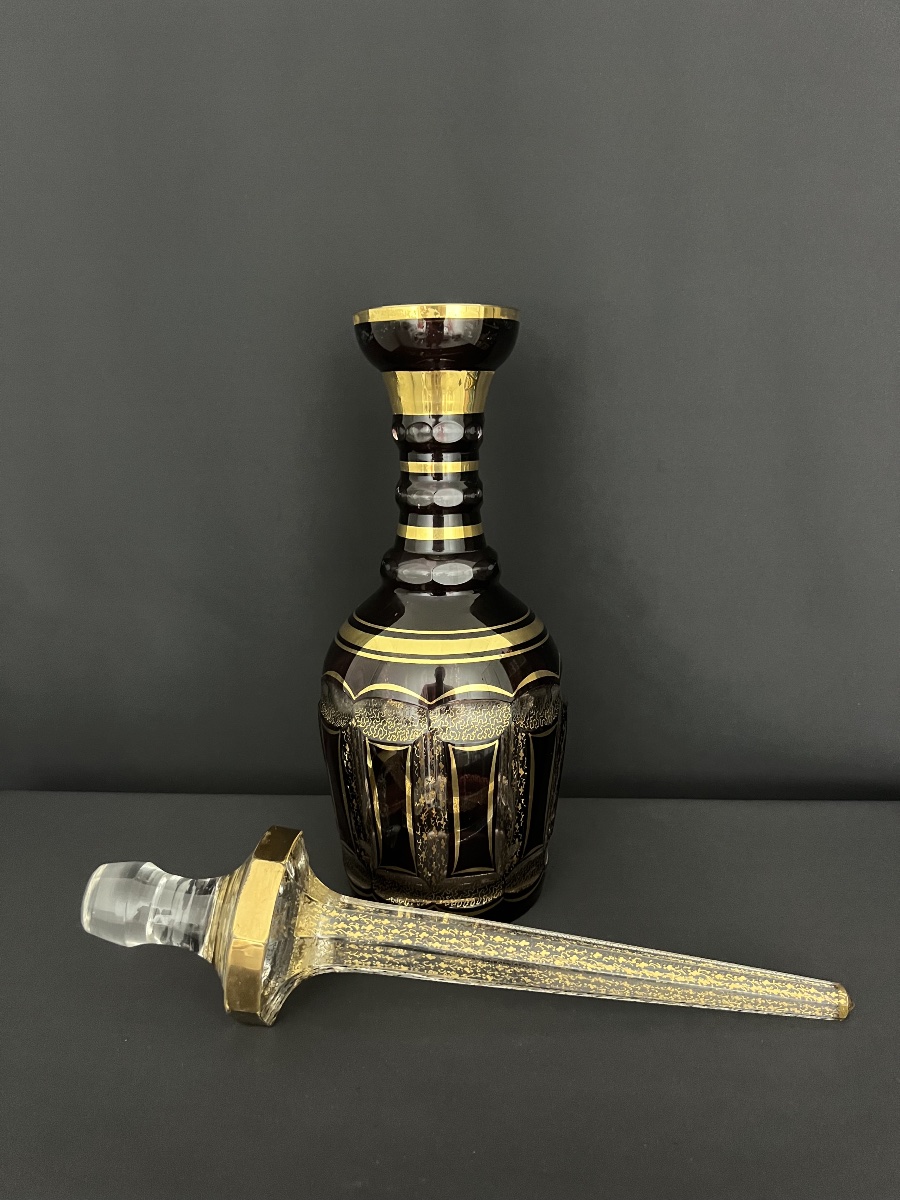 Grande carafe en cristal de Bohême rubis et doré -photo-1