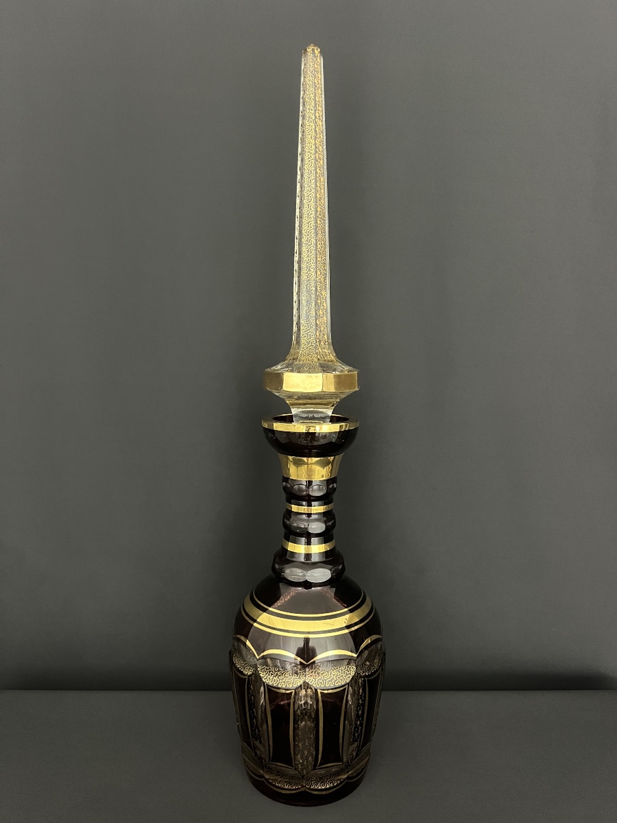 Grande carafe en cristal de Bohême rubis et doré -photo-2