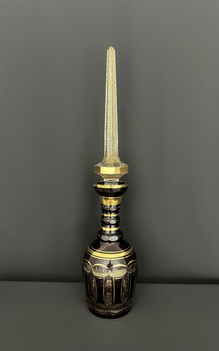Grande carafe en cristal de Bohême rubis et doré 