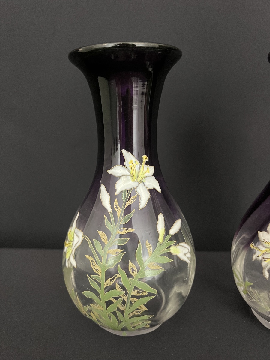 Paire de vases Legras en verre émaillé – Art Nouveau-photo-3