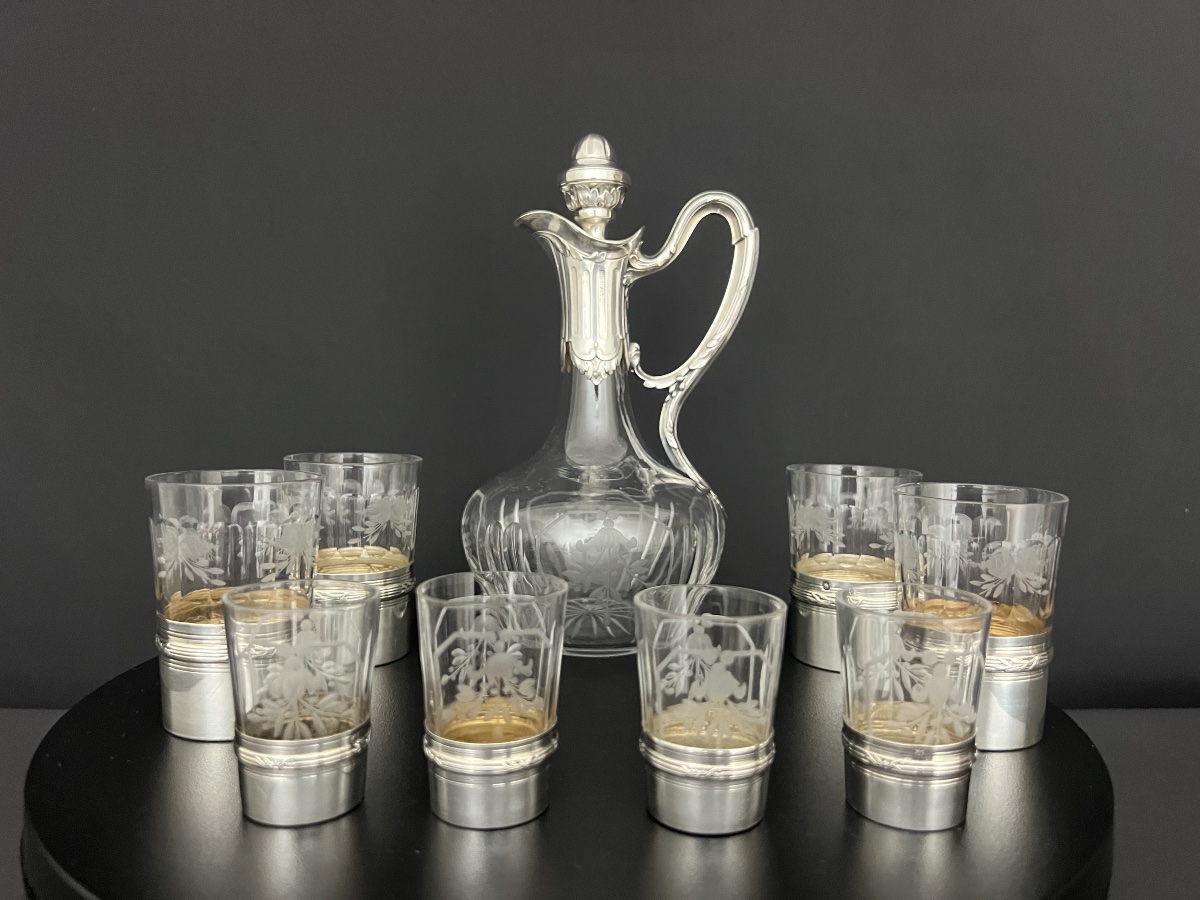 Service à liqueur en argent et cristal gravé, fin du XIXe siècle-photo-1