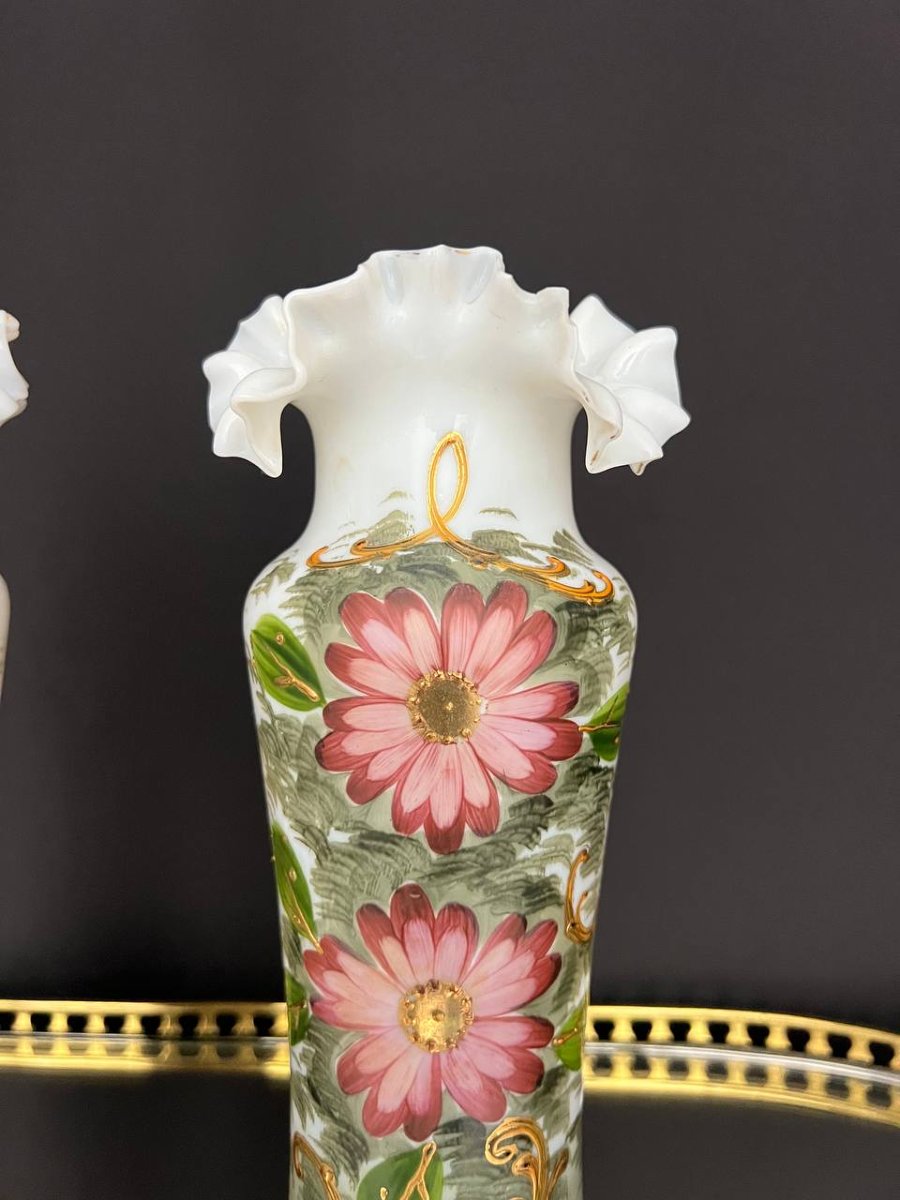 Pair Of Painted Opaline Bristol Vases-photo-2