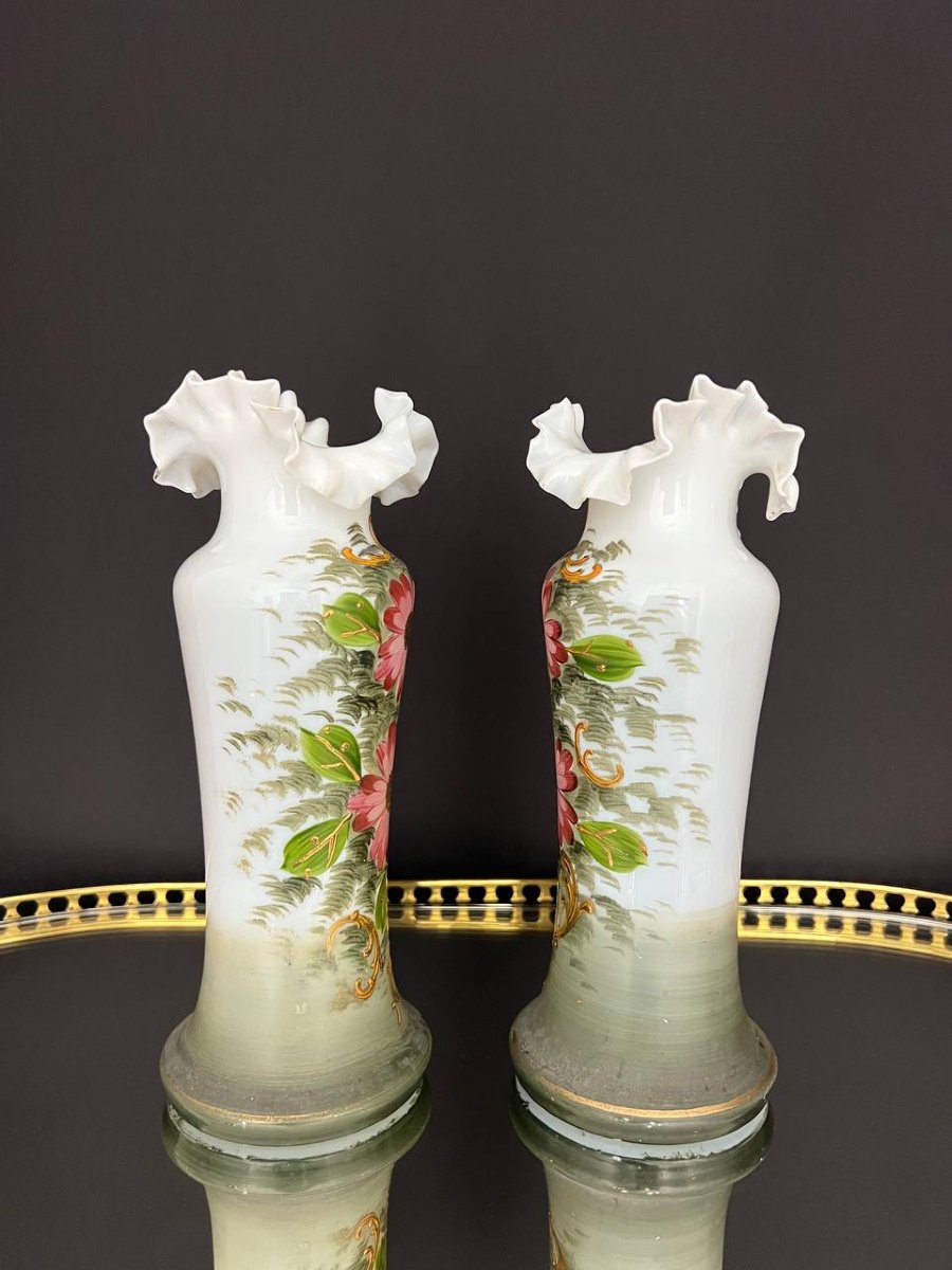 Pair Of Painted Opaline Bristol Vases-photo-3