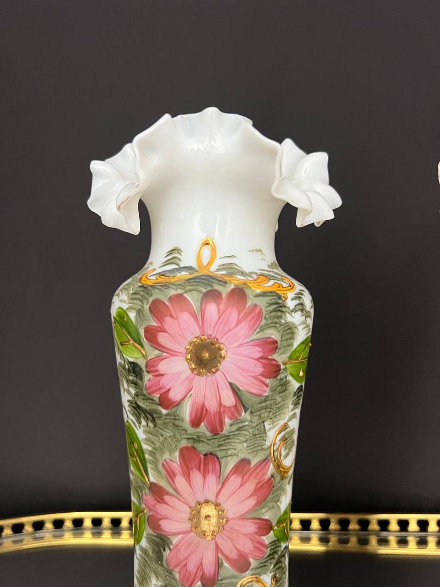 Pair Of Painted Opaline Bristol Vases-photo-4