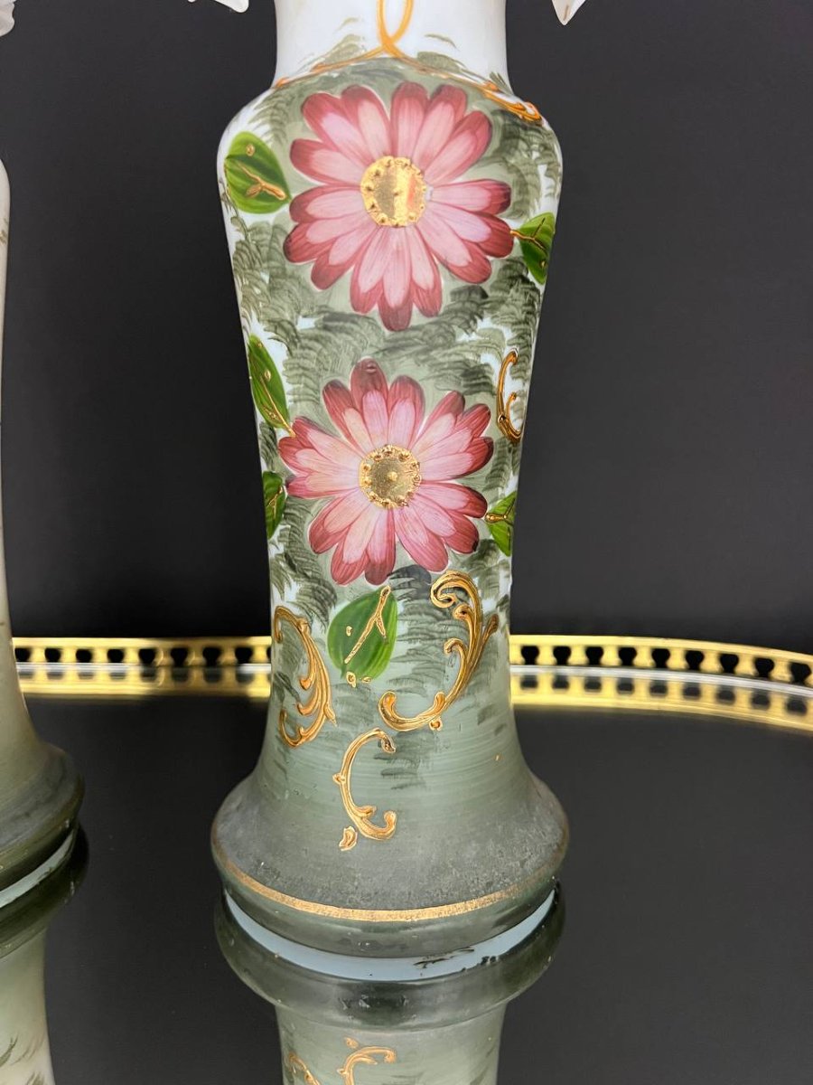 Pair Of Painted Opaline Bristol Vases-photo-1