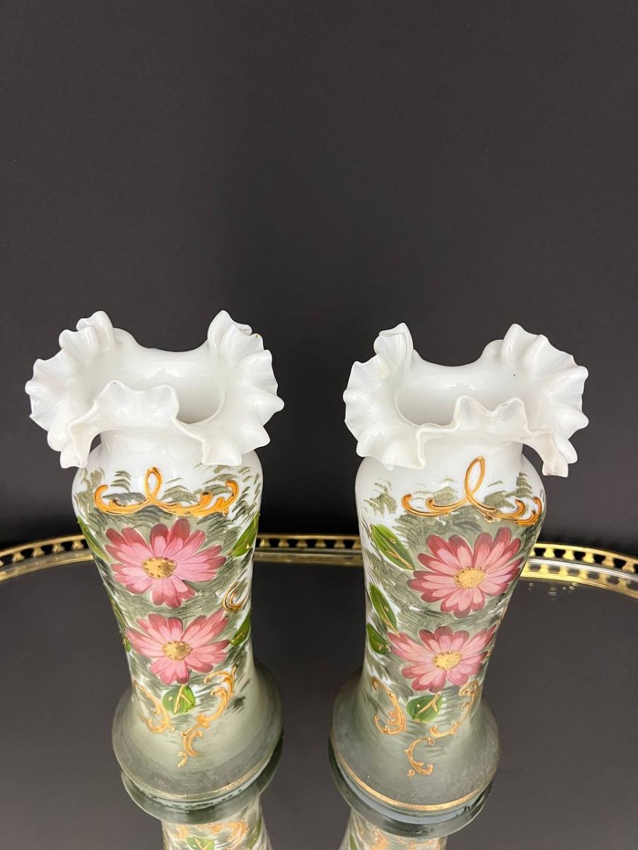 Pair Of Painted Opaline Bristol Vases-photo-2