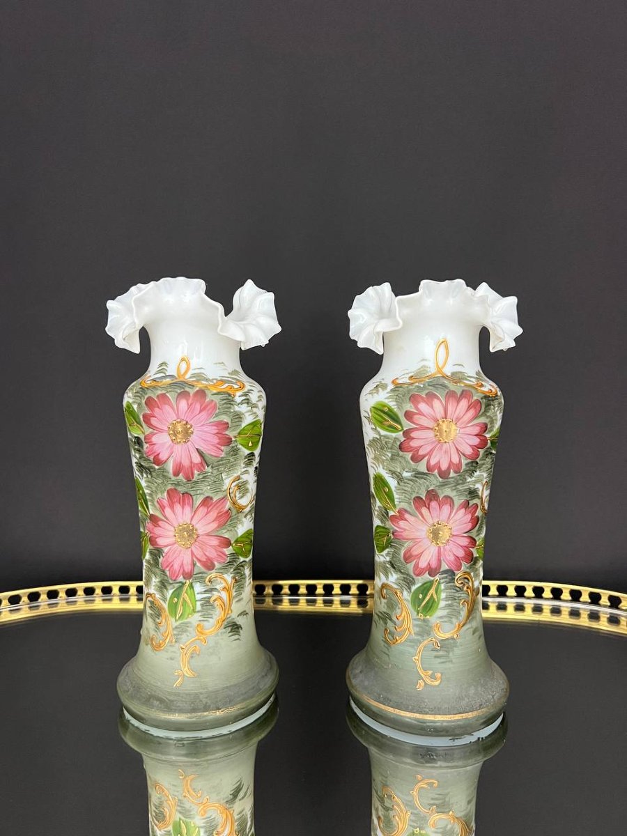 Pair Of Painted Opaline Bristol Vases