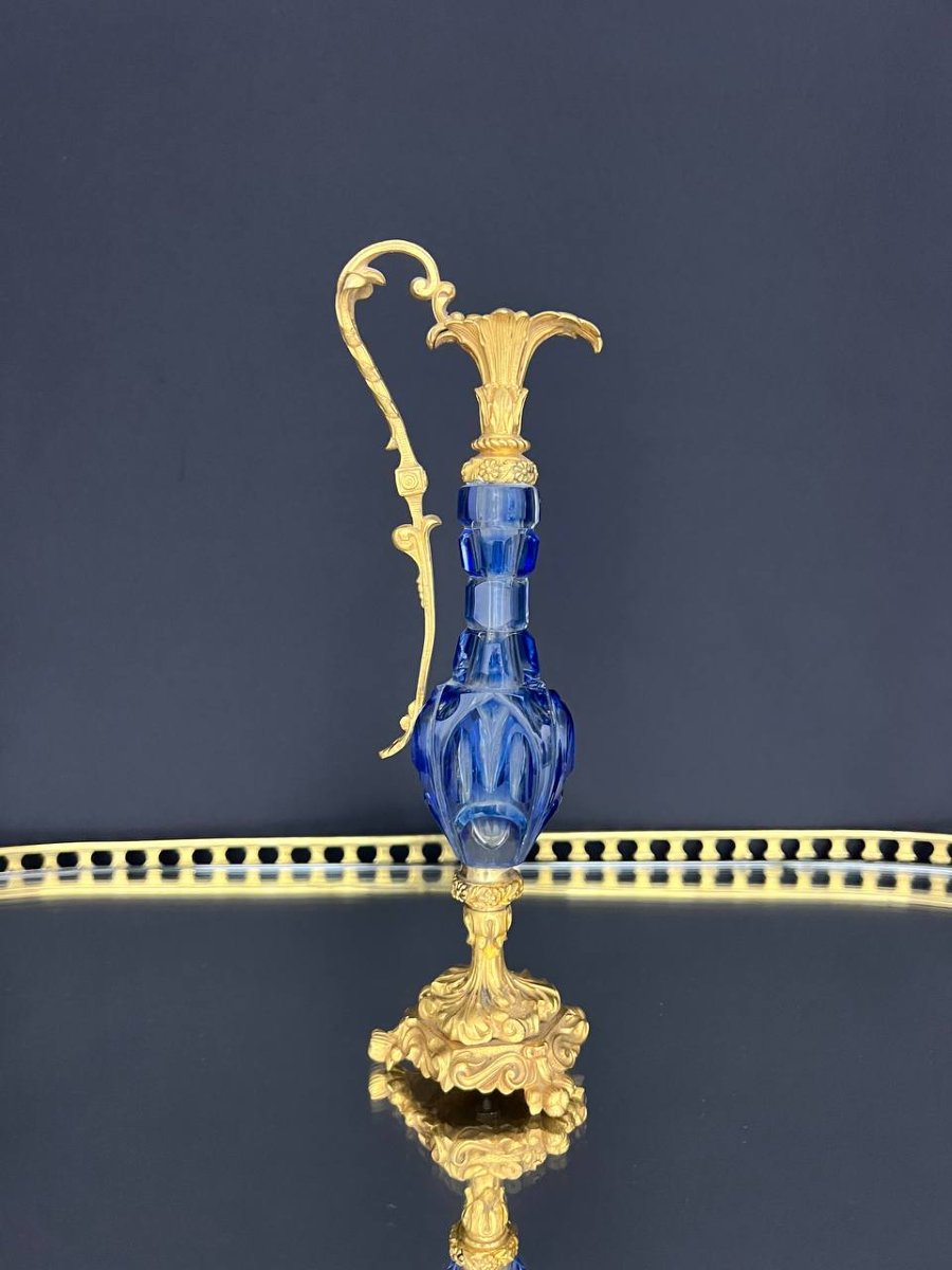 Aiguière en cristal bleu taillé et bronze doré, attribuée à Baccarat – époque Napoléon III-photo-3